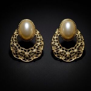 Vintage Filigree Pearl Drop Earrings Gold Tone Lace Statement Earrings
